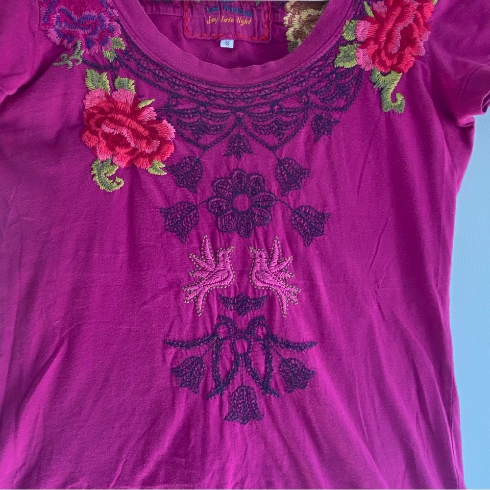 Johnny Was Magenta Floral Embroidered Tee - Picture 6 of 7